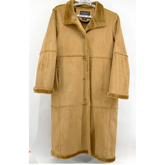 Centigrade Womens Petite Medium Camel Brown Faux Suede Fur Trim Long Trench Coat - Picture 1 of 10